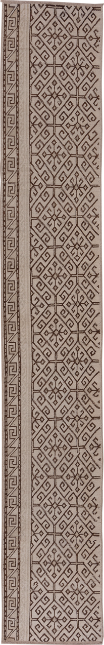 2' x 12' one-of-a-kind handmade vintage Konya runner rug. Color palette: brown, gainsboro, gray, light gray, off-white, pink