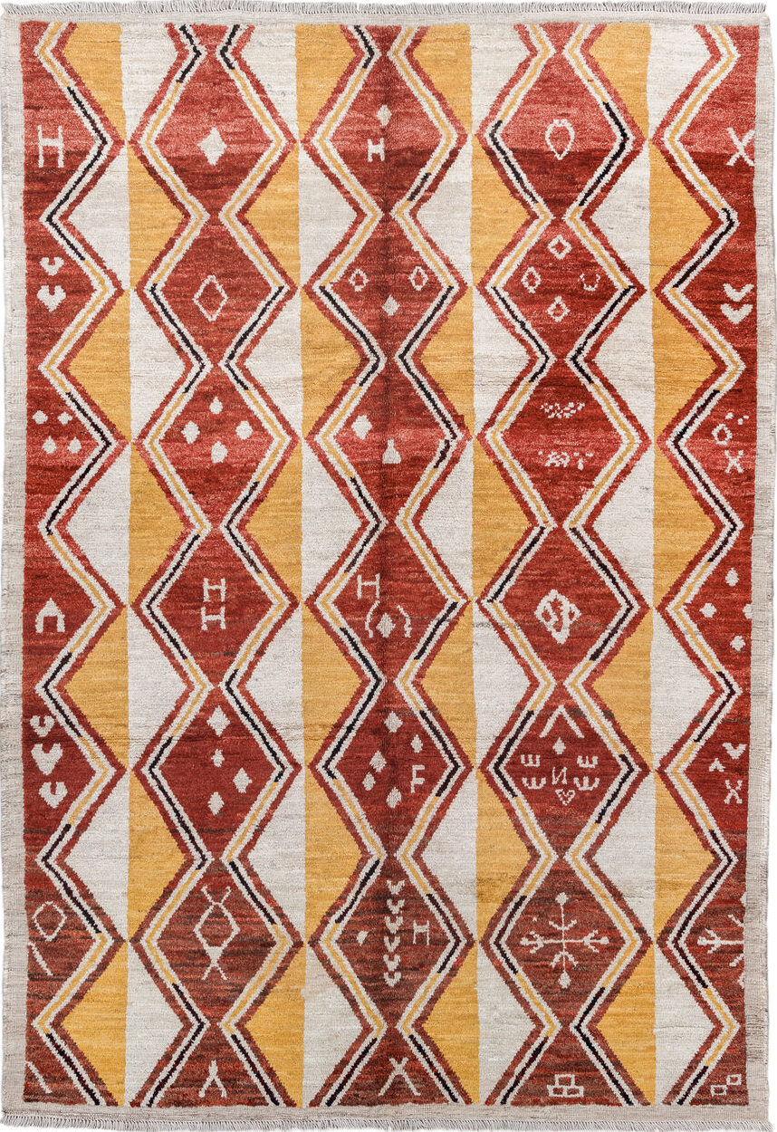6' x 9' one-of-a-kind handmade vintage Tulu medium size rug. Color palette: brown, red, pink, light gray, off-white, gray