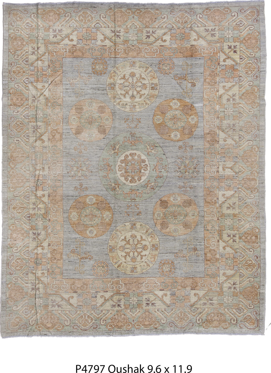 9' x 11' one-of-a-kind handmade vintage Oushak large size rug. Color palette: brown, gainsboro, gray, light gray, off-white