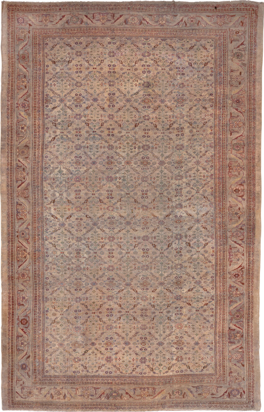 13' x 20' one-of-a-kind handmade vintage Sultanabad oversize rug. Color palette: brown, gray, light gray, pink, redwood
