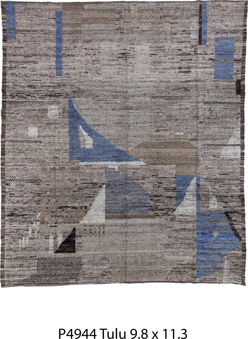 9' x 11' one-of-a-kind handmade vintage Tulu large size rug. Color palette: black, blue, charcoal, dark gray, gray