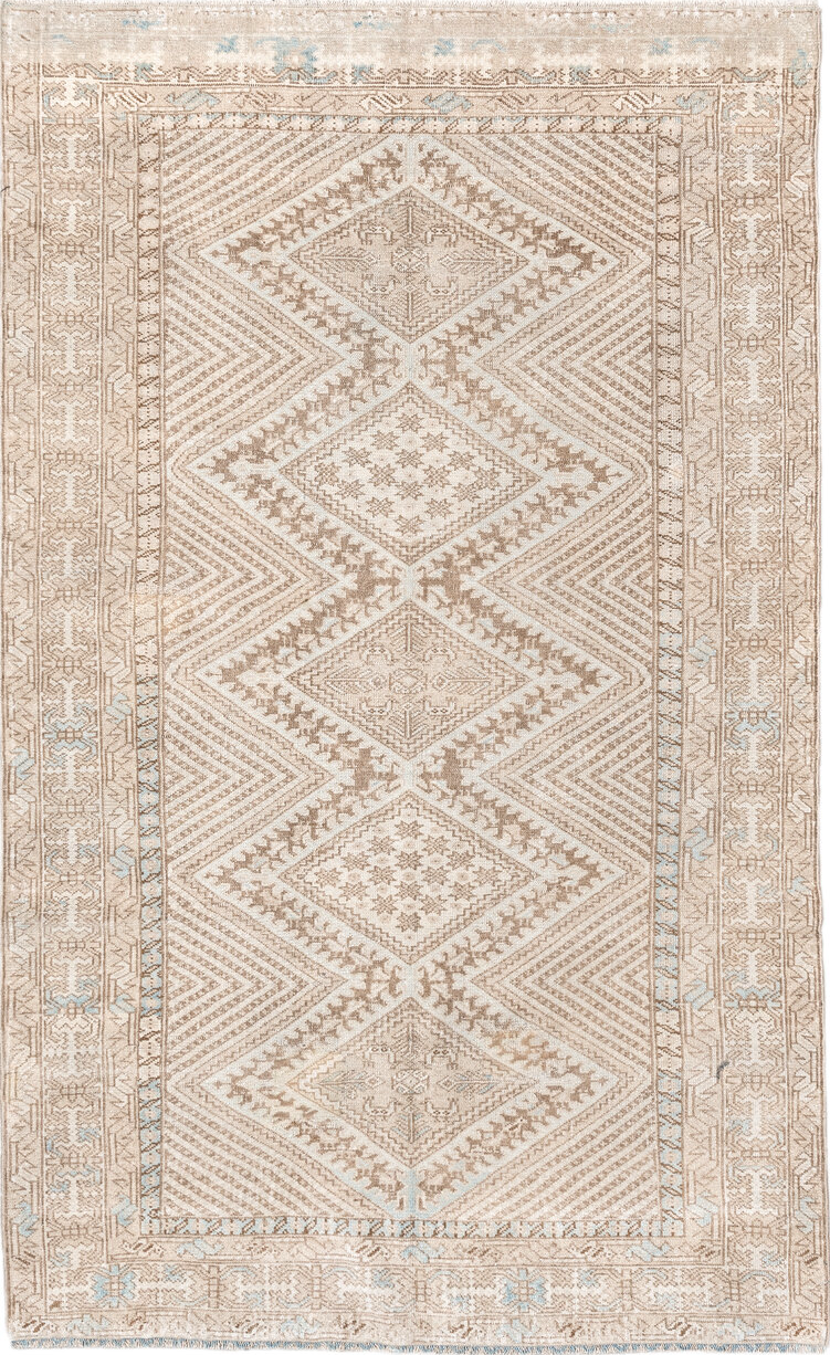 3' x 5' one-of-a-kind handmade vintage Shiraz small size rug. Color palette: antiquewhite, blanched almond, brown, gray