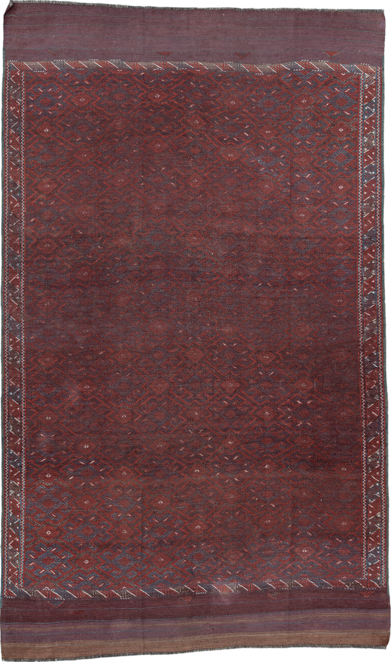 6' x 10' one-of-a-kind handmade vintage Kilim large size rug. Color palette: blue, brown, gray, pink, red, rosy brown, wine