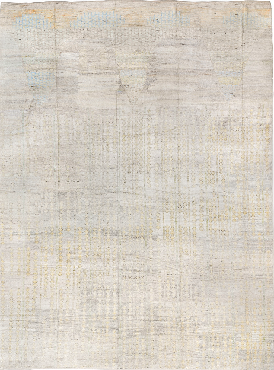 14' x 19' one-of-a-kind handmade vintage Tulu oversize rug. Color palette: brown, gainsboro, gray, light gray, off-white