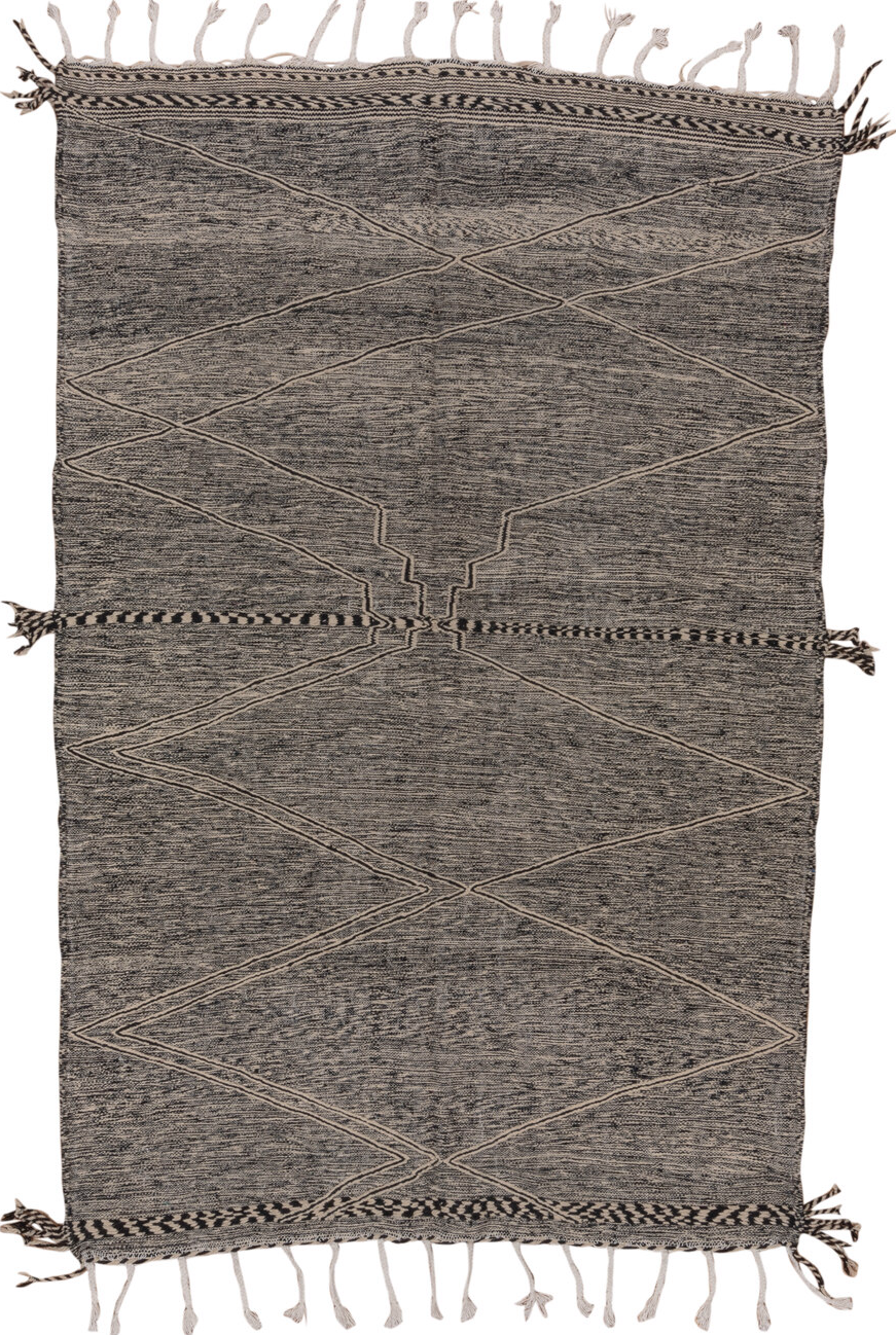 6' x 10' one-of-a-kind handmade vintage Kilim large size rug. Color palette: black, dim gray, gray, light gray, off-white