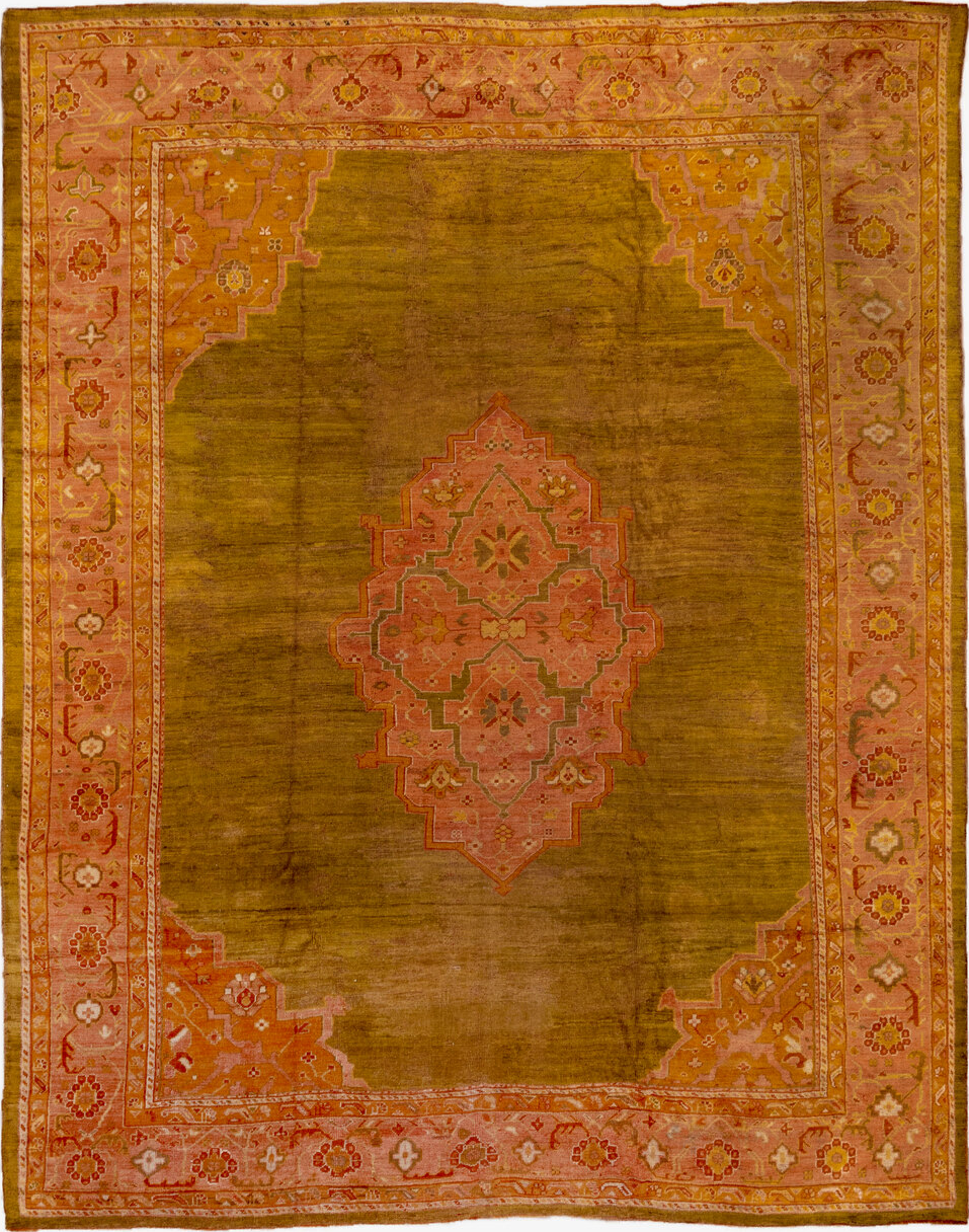 11' x 14' one-of-a-kind handmade vintage Oushak oversize rug. Color palette: brown, orange, peru, pink, red, yellow