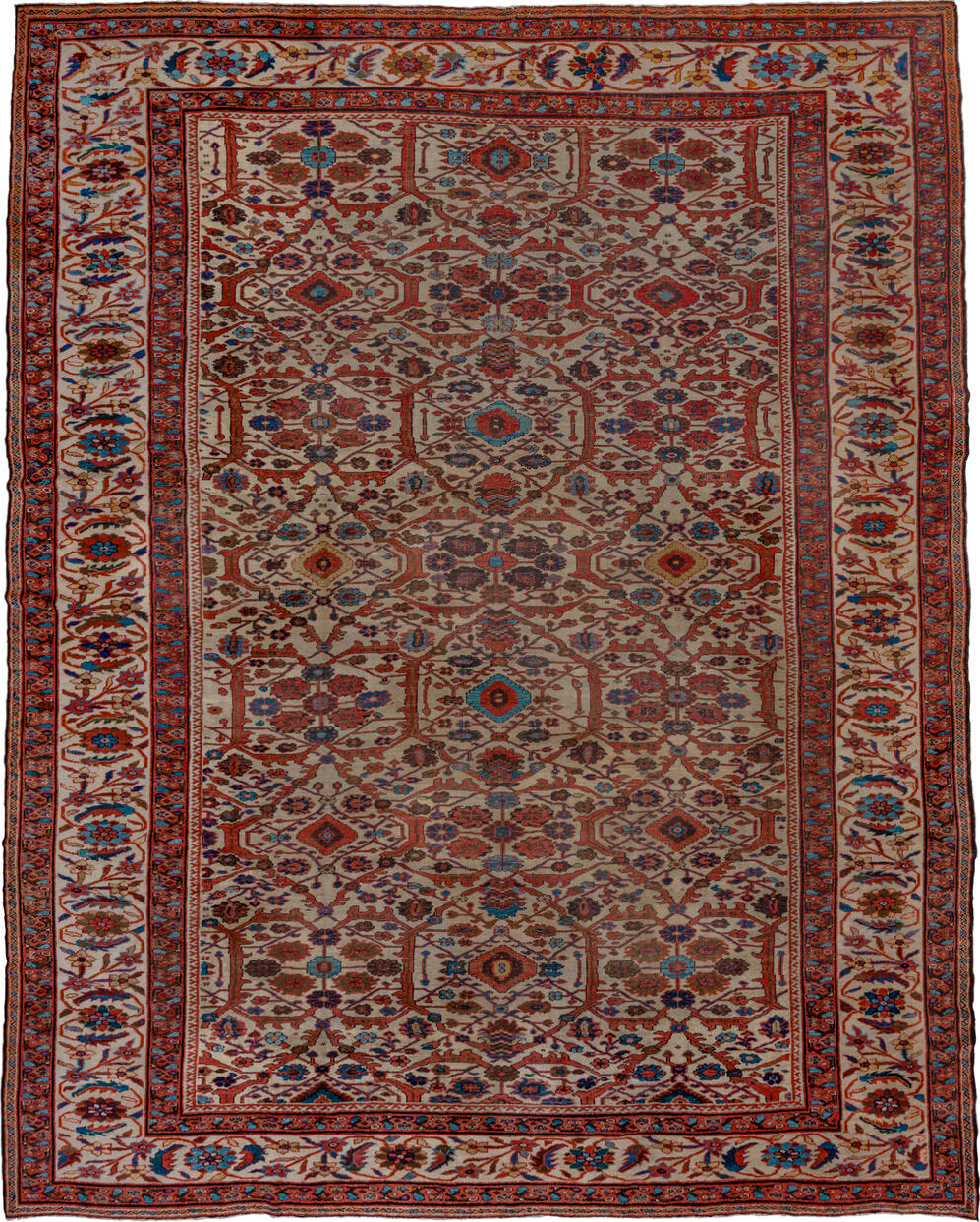 12' x 15' one-of-a-kind handmade vintage Sultanabad oversize rug. Color palette: arapawa, black, blue, brown, charcoal, gray