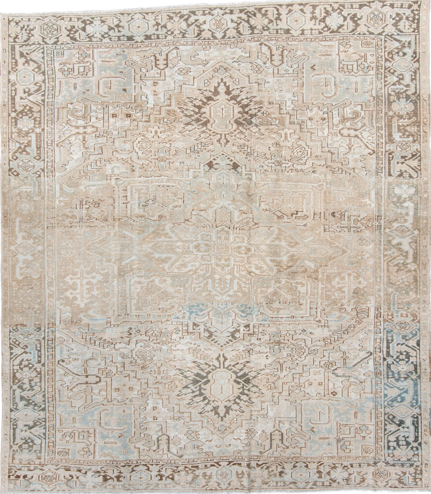 8' x 9' one-of-a-kind handmade vintage Heriz rug. Color palette: gray, off-white, light gray, pink, brown, dark gray