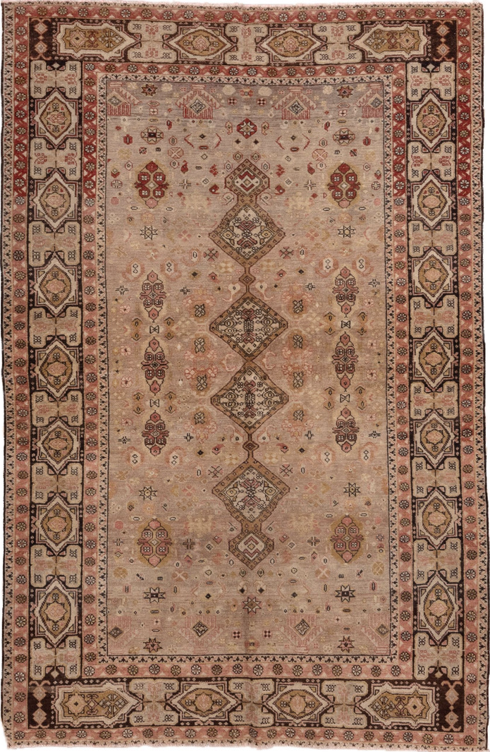 5' x 7' one-of-a-kind handmade vintage Oushak rug. Color palette: brown, gray, light gray, pink, silver