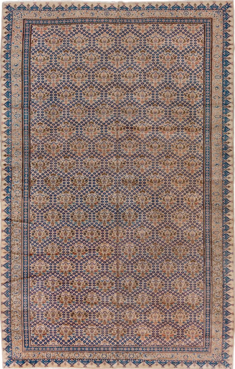 7' x 12' one-of-a-kind handmade vintage Sivas large size rug. Color palette: blue, brown, fiord, gray, pink