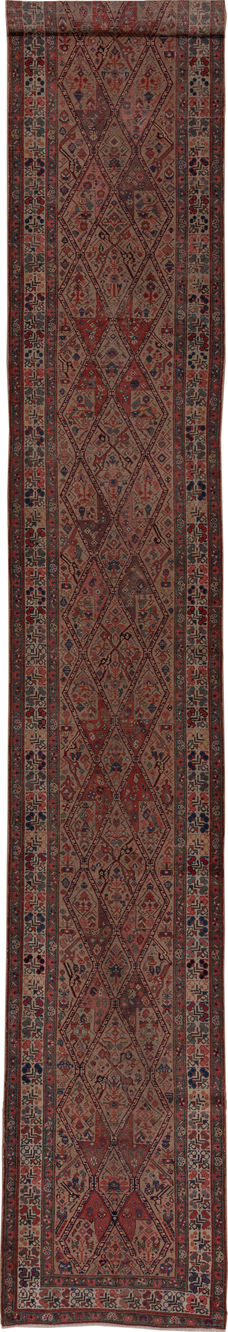 2' x 18' one-of-a-kind handmade vintage Cam Hamadan runner rug. Color palette: brown, gray, off-white, pink, red, snow
