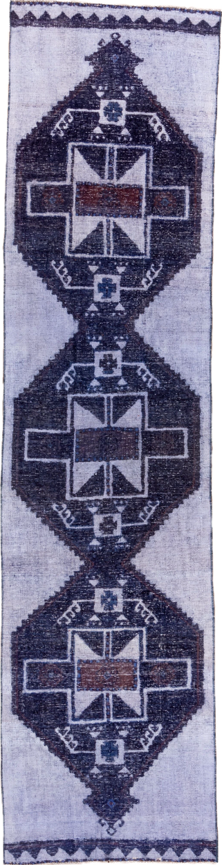 3' x 12' one-of-a-kind handmade vintage Oushak runner rug. Color palette: blue, gray, light blue, light gray, off-white