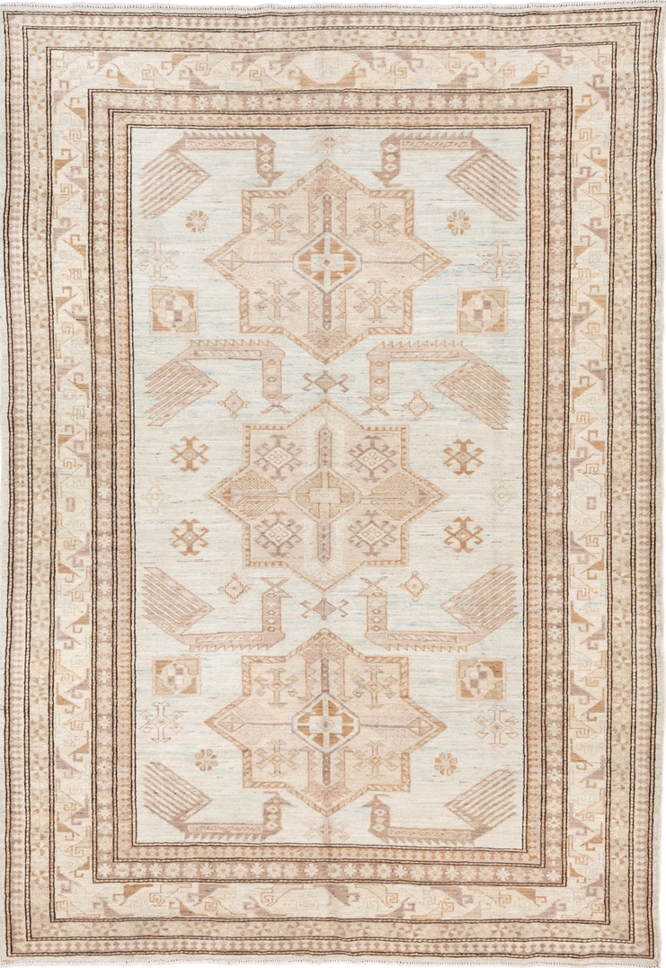 5' x 8' one-of-a-kind handmade vintage Sivas medium size rug. Color palette: antiquewhite, brown, gray, light gray, linen