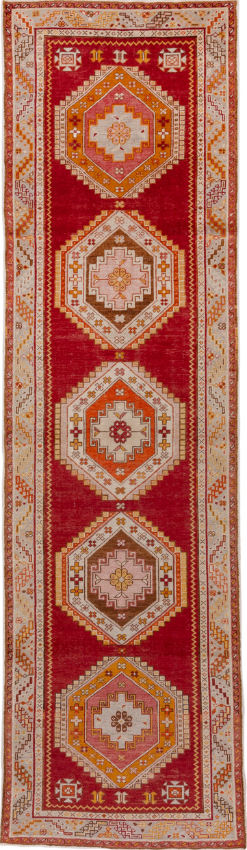 3' x 11' one-of-a-kind handmade vintage Oushak runner rug. Color palette: brown, fire brick, gray, light gray, off-white