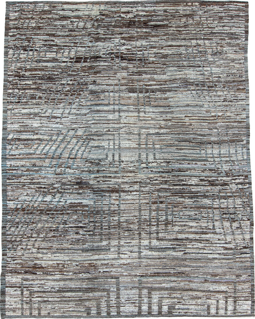 9' x 14' one-of-a-kind handmade vintage Tulu large size rug. Color palette: black, charcoal, dark gray, dim gray, gainsboro