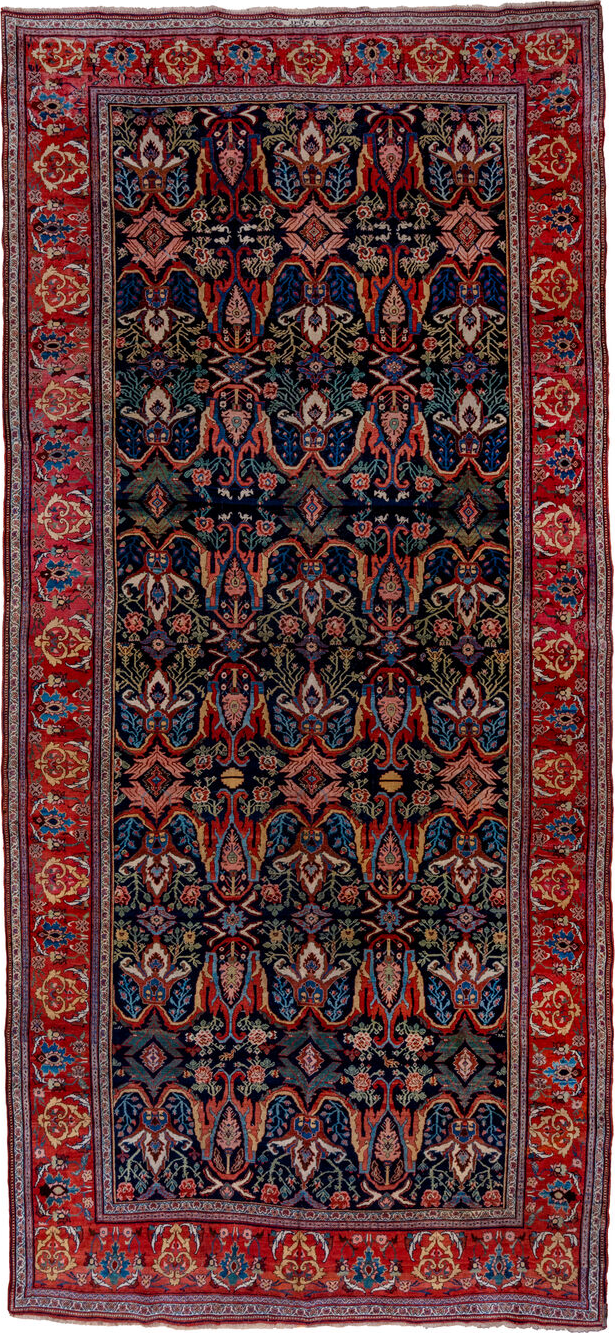 7' x 17' one-of-a-kind handmade vintage Bidjar rug. Color palette: black, blue, brown, dark gray, gray, pink, red