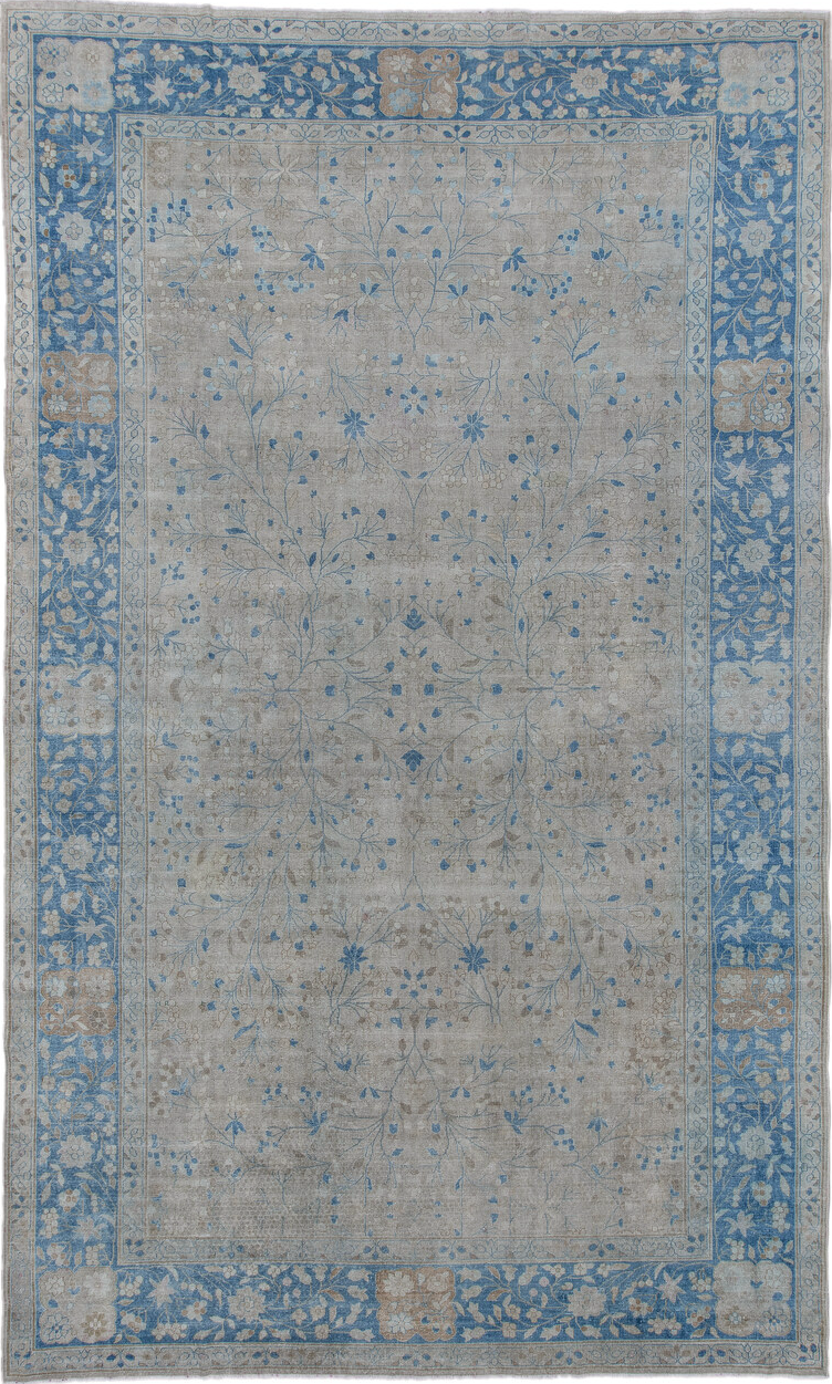 9' x 14' one-of-a-kind handmade vintage Laristan large size rug. Color palette: gray, blue, light blue, light gray