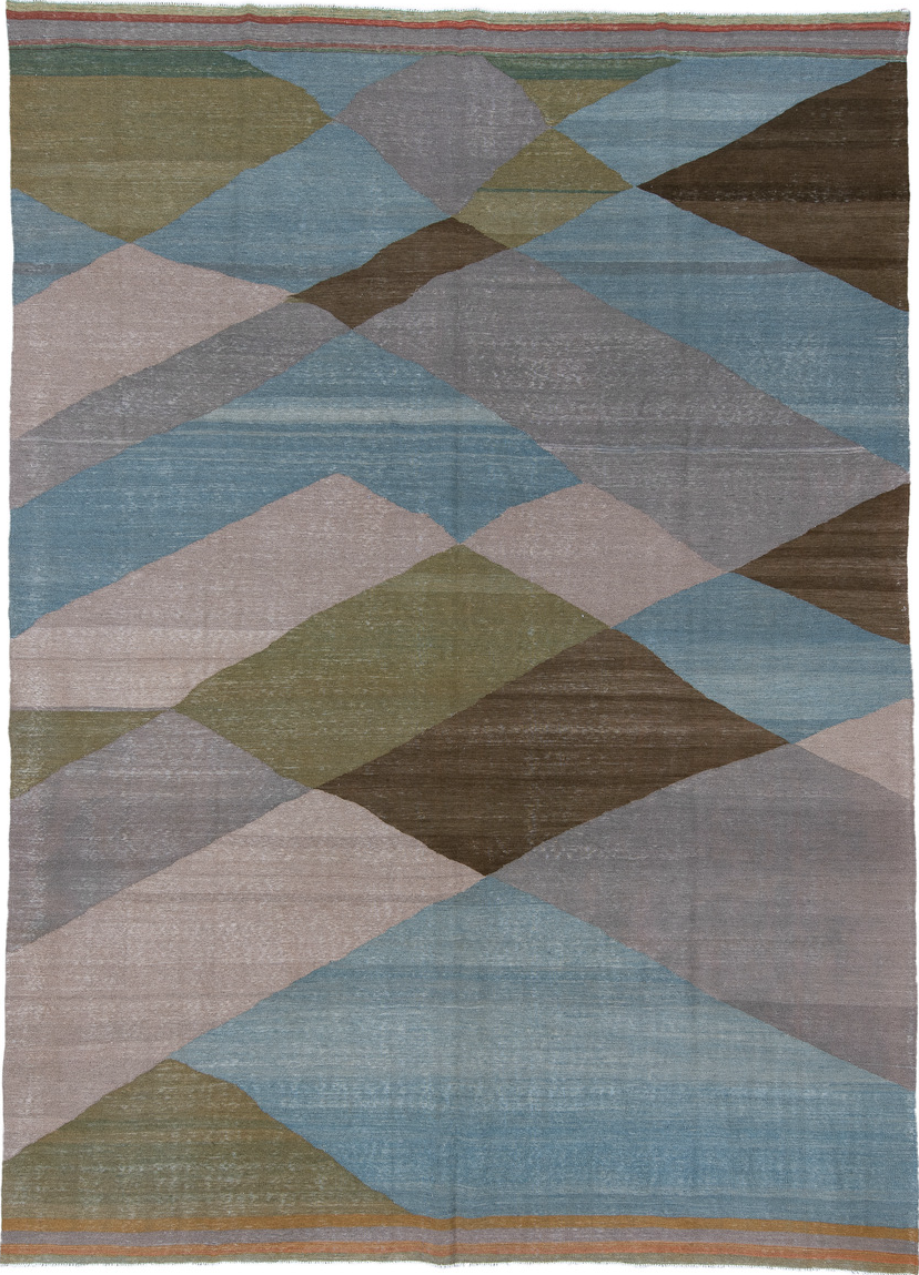 9' x 12' one-of-a-kind handmade vintage Kilim large size rug. Color palette: brown, dark gray, dim gray, gray, light gray