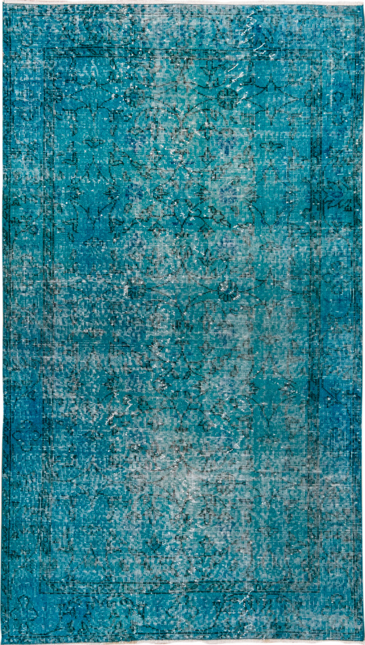 3' x 6' one-of-a-kind handmade vintage Overdyed small size rug. Color palette: blue, dark slate gray, gray, green