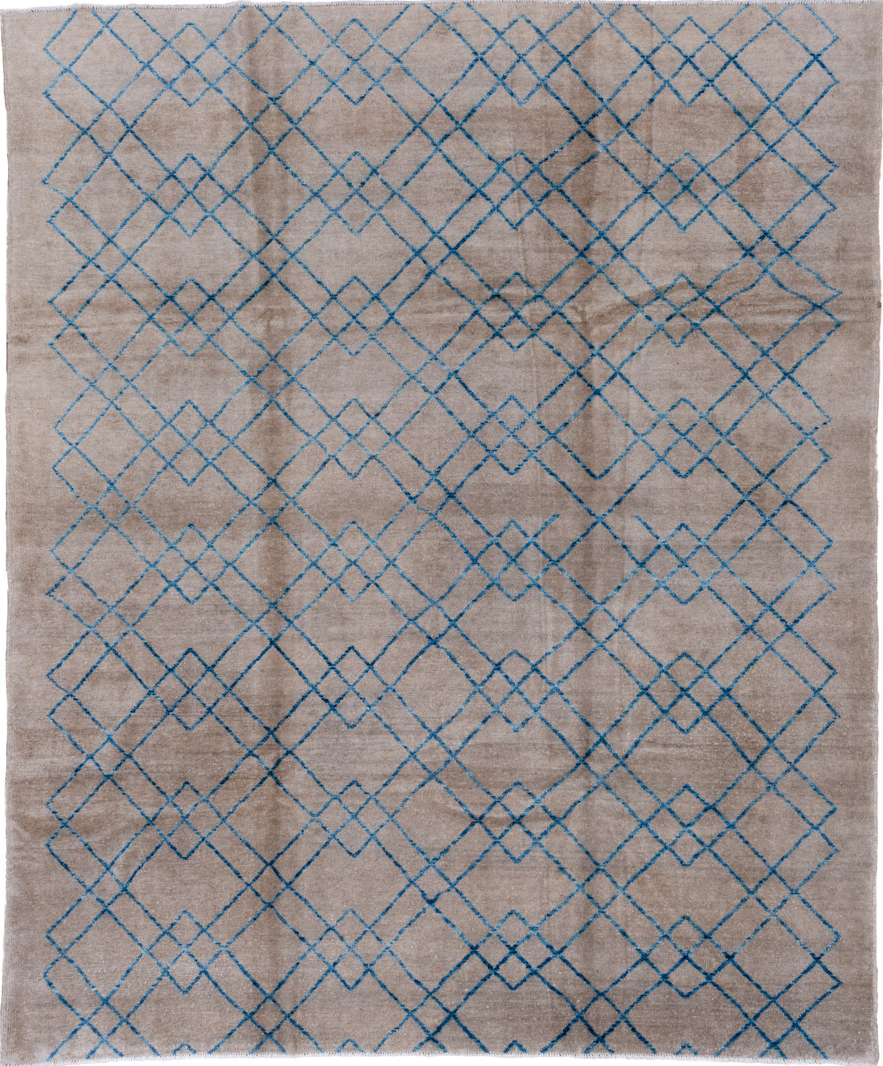 8' x 9' one-of-a-kind handmade vintage Tulu rug. Color palette: blue, dark gray, gray, light blue, light gray, off-white