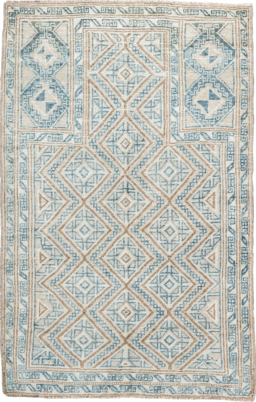 3' x 4' one-of-a-kind handmade vintage Belouch small size rug. Color palette: blue, brown, dark gray, fiord, gray