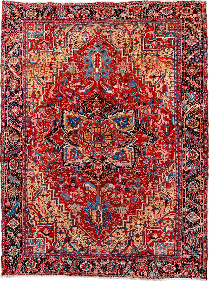 11' x 14' one-of-a-kind handmade vintage Heriz oversize rug. Color palette: blue, brown, burgundy, dark salmon, gray, green