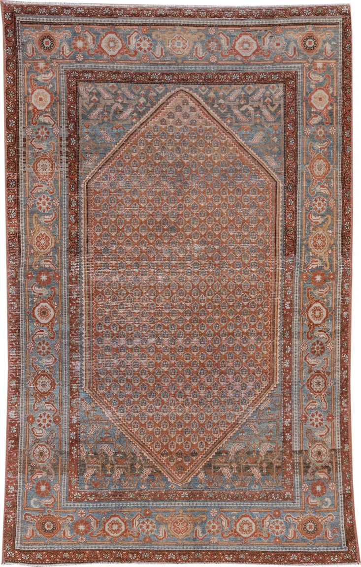 4' x 6' one-of-a-kind handmade vintage Malayer small size rug. Color palette: brown, dim gray, gray, light gray, pink