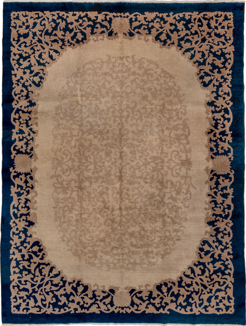 8' x 10' one-of-a-kind handmade vintage Chinese large size rug. Color palette: arapawa, black, blue, brown, gray, off-white