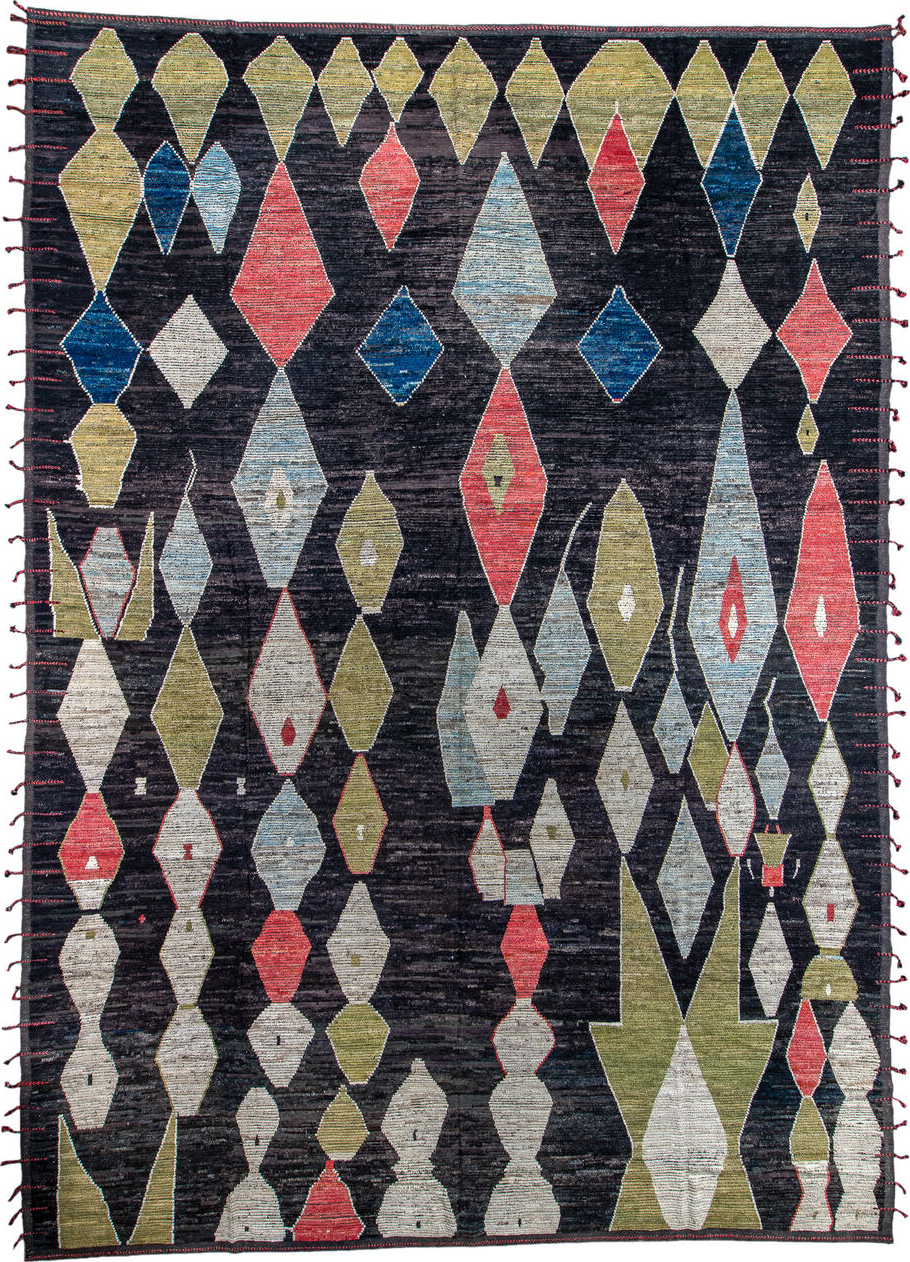 14' x 19' one-of-a-kind handmade vintage Tulu oversize rug. Color palette: black, blue, brown, gainsboro, gray, light gray