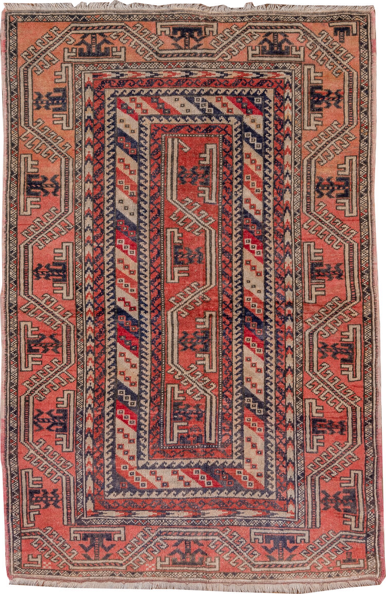3' x 5' one-of-a-kind handmade vintage Oushak small size rug. Color palette: black, blue, brown, gray, off-white, pink, red