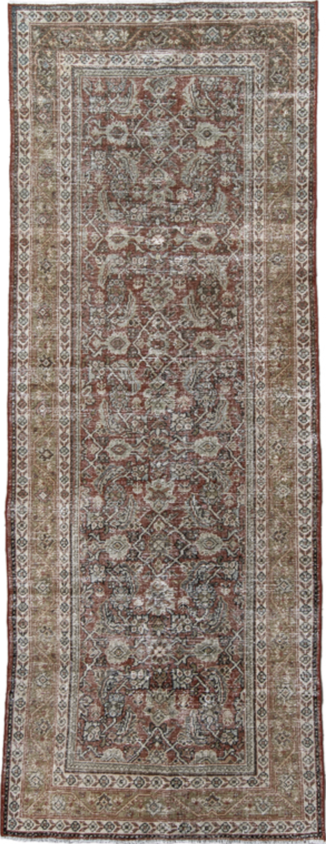 4' x 10' one-of-a-kind handmade vintage Mahal runner rug. Color palette: black, brown, charcoal, dark gray, gray, light gray