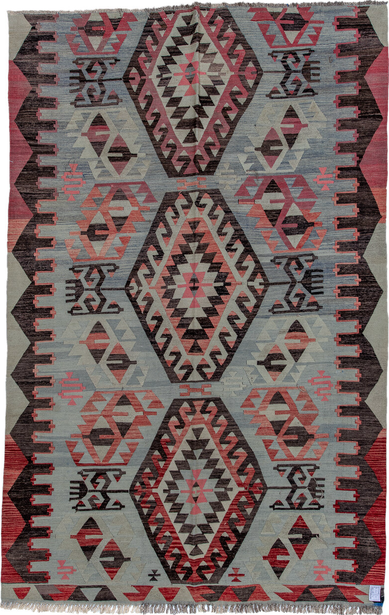 6' x 9' one-of-a-kind handmade vintage Kilim medium size rug. Color palette: gray, light gray, off-white, red, brown, pink