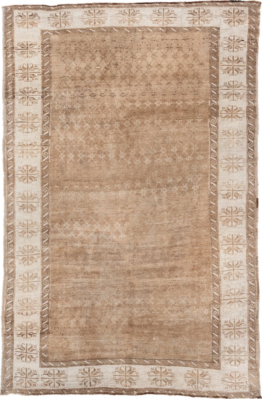 6' x 9' one-of-a-kind handmade vintage Kars medium size rug. Color palette: off-white, orange, brown, light gray, gray, pink