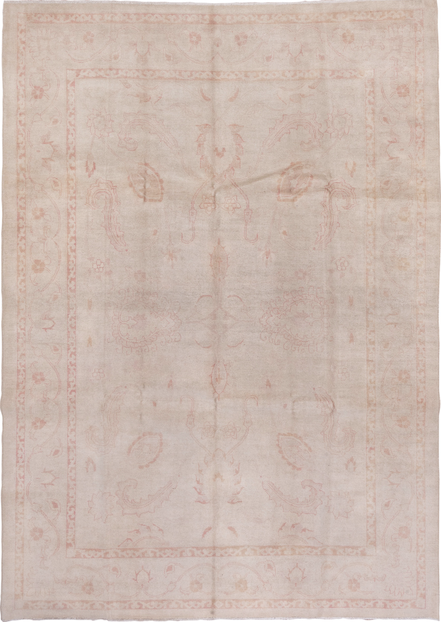 8' x 11' one-of-a-kind handmade vintage Afghan large size rug. Color palette: gray, light gray, off-white, pink