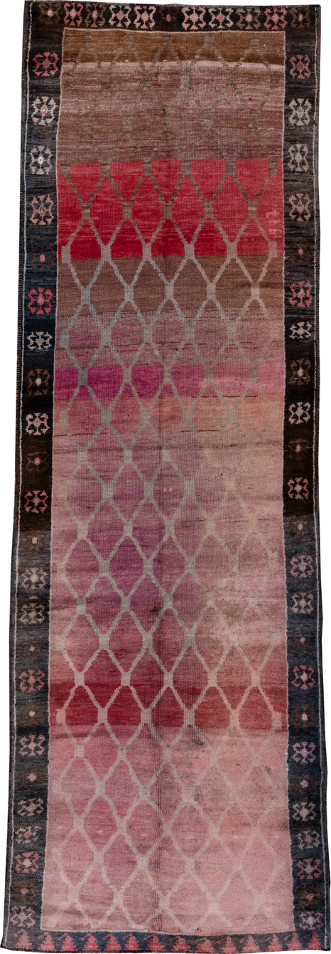 4' x 12' one-of-a-kind handmade vintage Kars runner rug. Color palette: black, blue, brown, gray, pink, red, redwood
