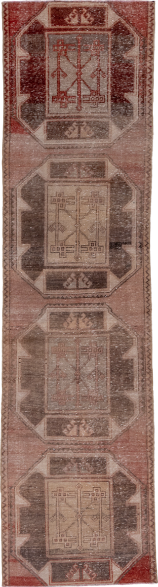 2' x 9' one-of-a-kind handmade vintage Oushak runner rug. Color palette: brown, gray, light gray, off-white, pink, red, snow