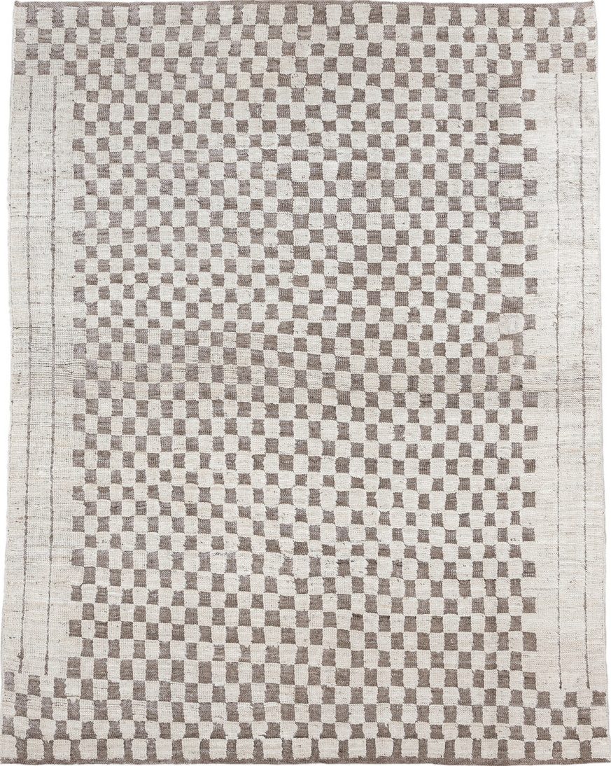 5' x 6' one-of-a-kind handmade vintage Tulu rug. Color palette: dark gray, gainsboro, gray, light gray, linen, off-white