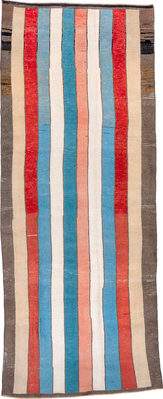 3' x 8' one-of-a-kind handmade vintage Tulu runner rug. Color palette: antiquewhite, brown, gray, light blue, off-white