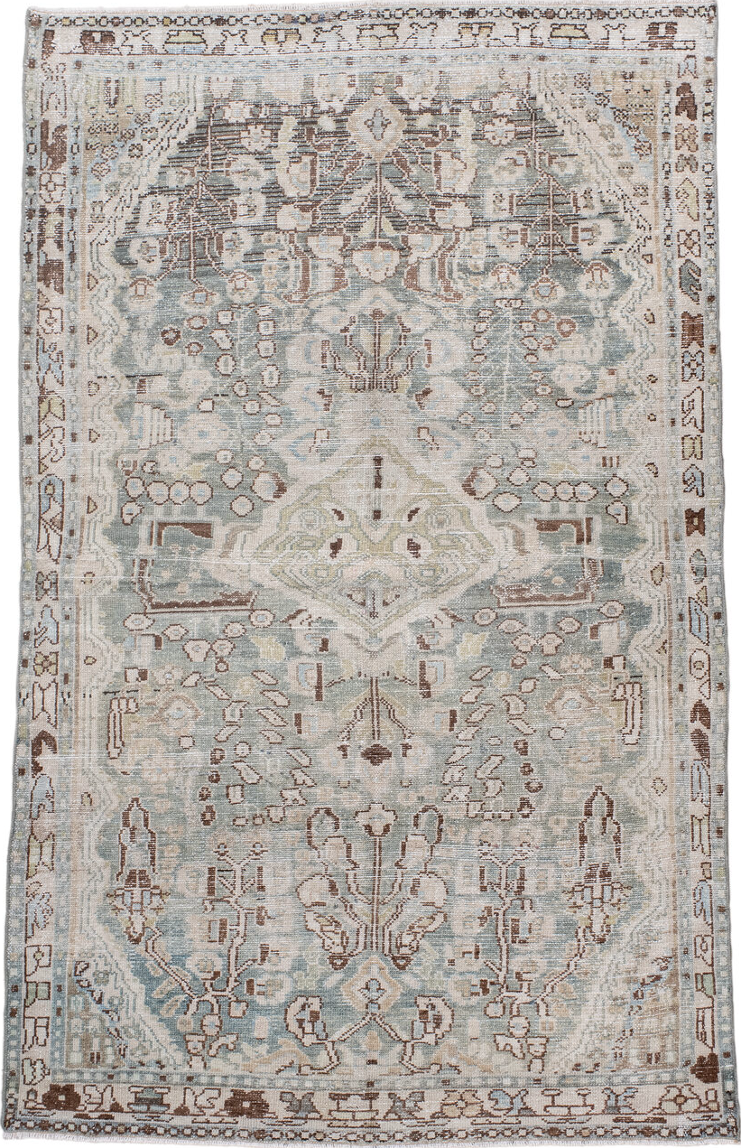 4' x 6' one-of-a-kind handmade vintage Hamadan small size rug. Color palette: antiquewhite, black, brown, charcoal
