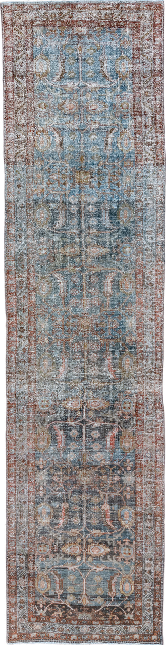 3' x 13' one-of-a-kind handmade vintage Malayer runner rug. Color palette: black, brown, dark gray, dim gray, gray