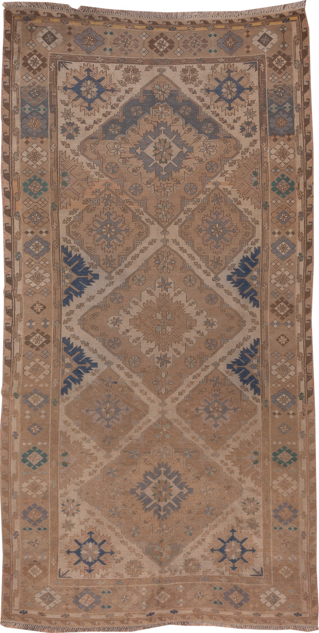 6' x 13' one-of-a-kind handmade vintage Sumak large size rug. Color palette: blue, brown, dim gray, gray, light gray