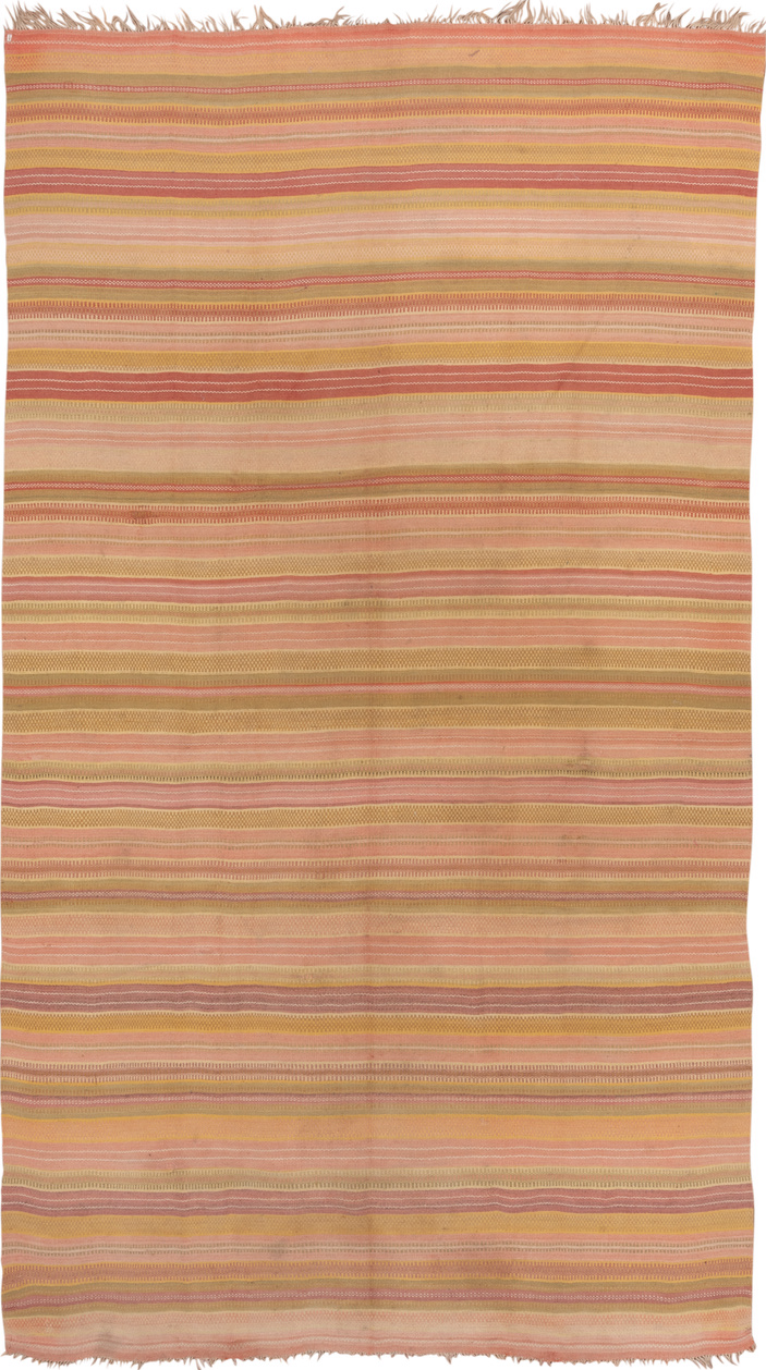 7' x 13' one-of-a-kind handmade vintage Kilim large size rug. Color palette: brown, burlywood, gray, light gray, off-white