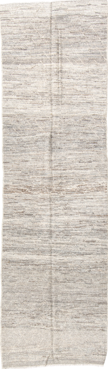 2' x 9' one-of-a-kind handmade vintage Tulu runner rug. Color palette: gray, light gray, off-white, pink, silver