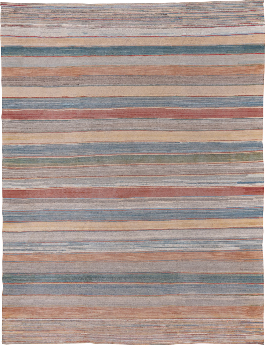 8' x 11' one-of-a-kind handmade vintage Kilim large size rug. Color palette: brown, gray, light gray, off-white, orange