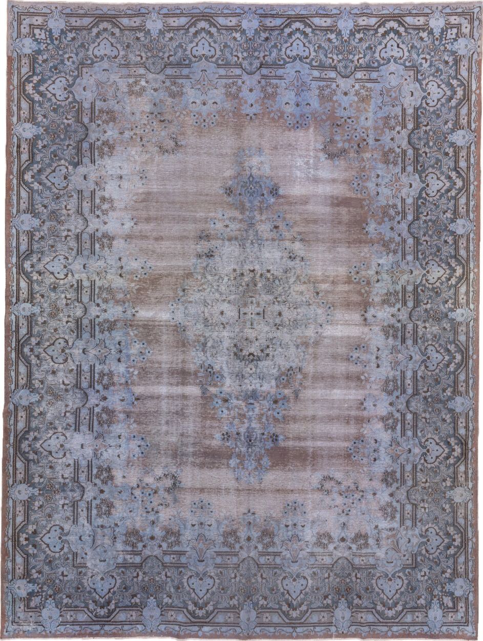 9' x 13' one-of-a-kind handmade vintage Distressed large size rug. Color palette: blue, dark gray, dim gray, gray