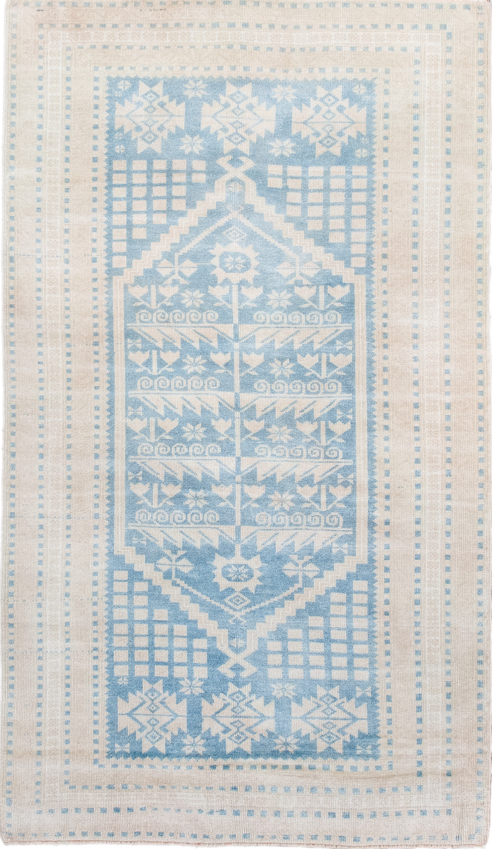 3' x 6' one-of-a-kind handmade vintage Anatol small size rug. Color palette: blue, dark gray, gainsboro, gray, light blue