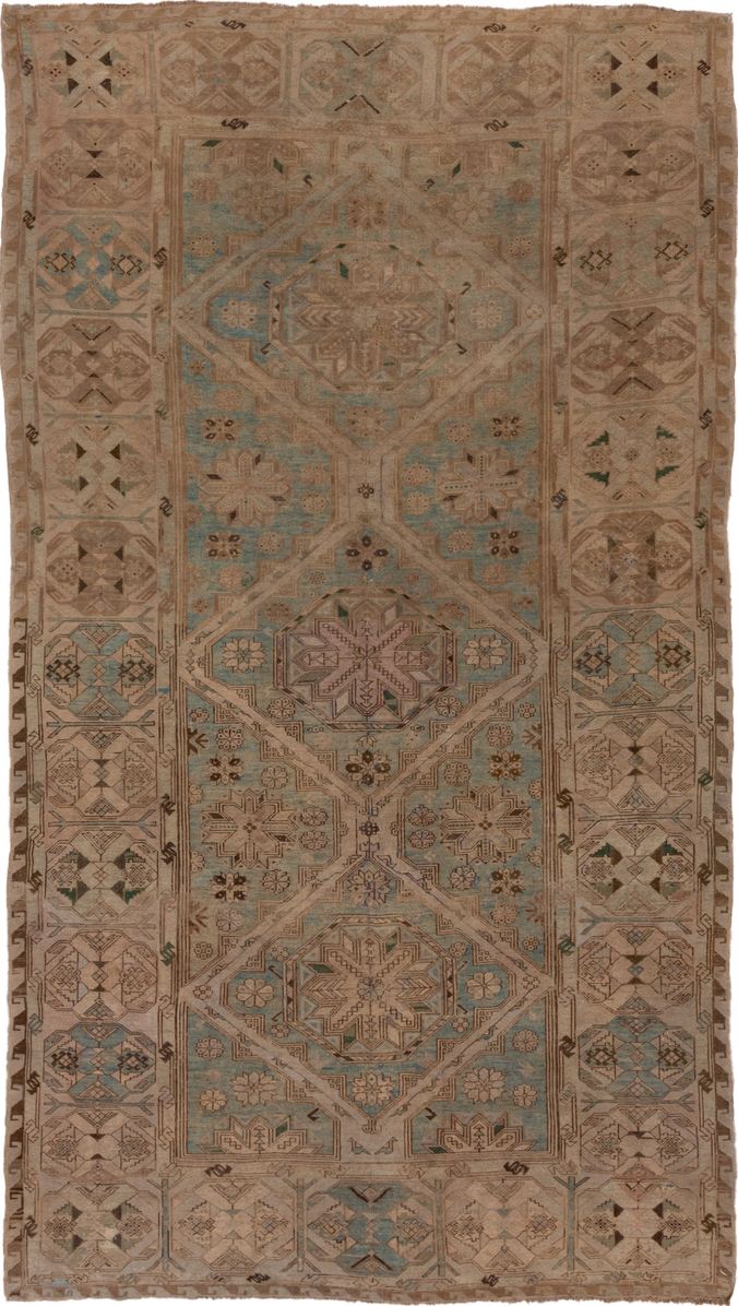 7' x 12' one-of-a-kind handmade vintage Sumak large size rug. Color palette: brown, gray, off-white, pink, snow, white