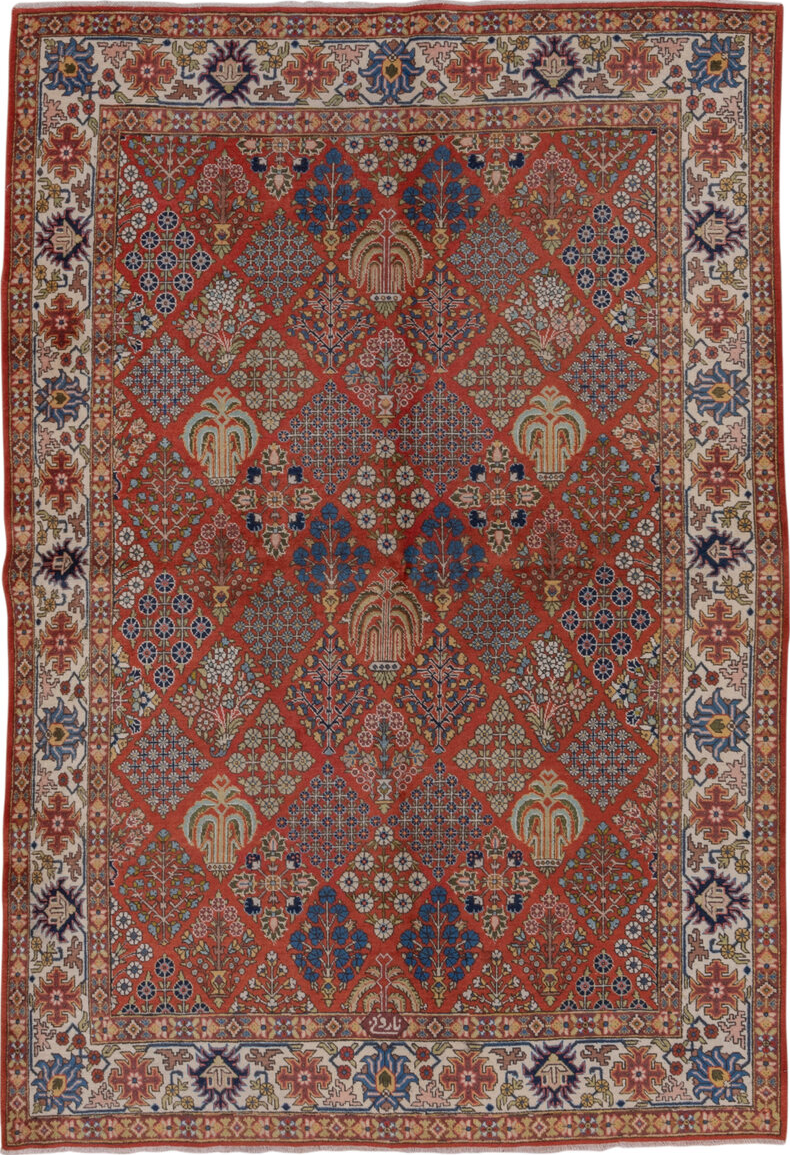 6' x 8' one-of-a-kind handmade vintage Tabriz medium size rug. Color palette: blue, brown, fiord, gray, off-white, pink, red