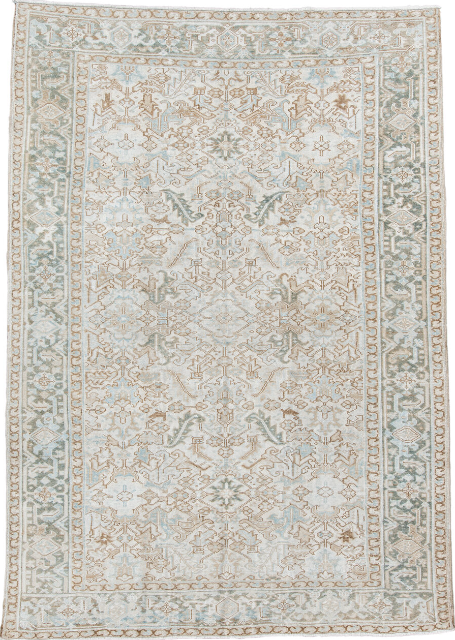 7' x 11' one-of-a-kind handmade vintage Heriz large size rug. Color palette: brown, dark gray, gainsboro, gray, light gray