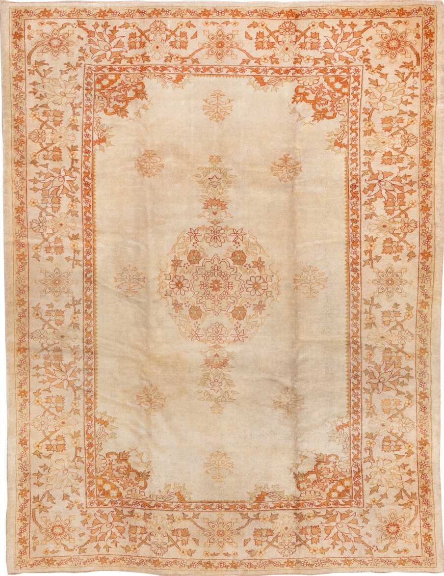 8' x 10' one-of-a-kind handmade vintage Oushak large size rug. Color palette: bisque, brown, burlywood, off-white, orange